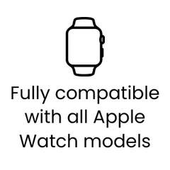 Black and white icon of an Apple Watch with text 'Fully compatible with all Apple Watch models' on a white background.