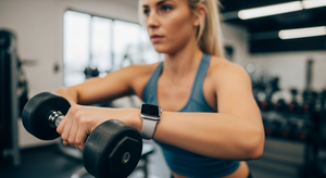 Woman exercising with dumbbells in a gym setting. Modbands Silicone Apple Watch band on wrist.