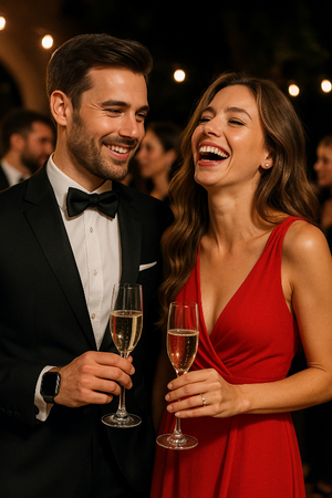 Man in tuxedo and woman in red dress holding champagne glasses at a formal event. Modbands Leather Apple Watch band on wrist.