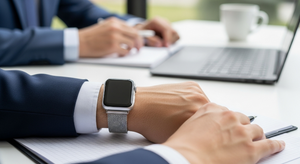Person wearing a smartwatch at a desk with a laptop and coffee cup in the background. Modbands Milanese Loop Apple Watch band on wrist.
