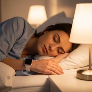 Woman sleeping peacefully in bed with a nightstand lamp on. Modbands Sport Loop Apple Watch band on wrist.
