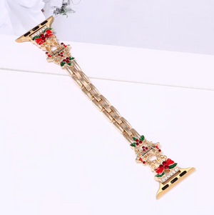 Decorative apple watch band with gold and red design on a white background