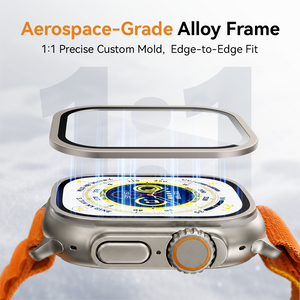 Aerospace-grade titanium look alloy bezel with ceramic glass lifting off an Apple Watch Ultra, showing the 1:1 edge to edge fit